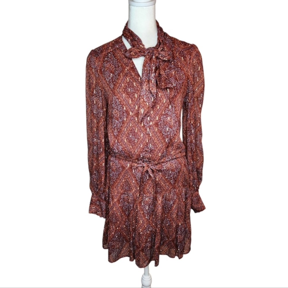 Paige Cleobelle Dress Tie Neck in Iced Slate Multi Metallic Accents Size XXS